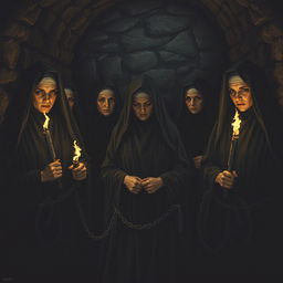 A group of dark nuns, cloaked in shadowy, tight-fitting robes, are chained in a dimly lit dungeon