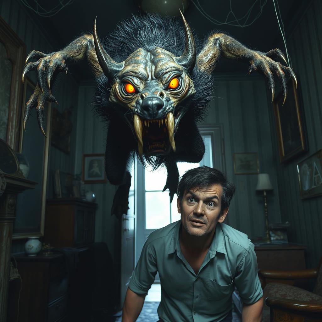 A strange, terrifying animal with sharp fangs and glowing eyes leaps over a thin man with brown skin, who looks surprised, inside an old, dimly lit house filled with cobwebs and dusty furniture