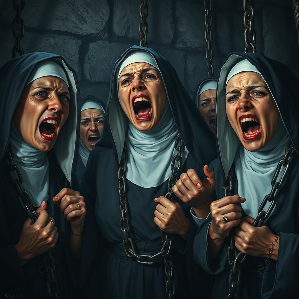 A hyper-realistic depiction of nuns chained in a dungeon, their faces contorted into expressions of terror and despair as they scream