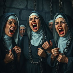 A hyper-realistic depiction of nuns chained in a dungeon, their faces contorted into expressions of terror and despair as they scream