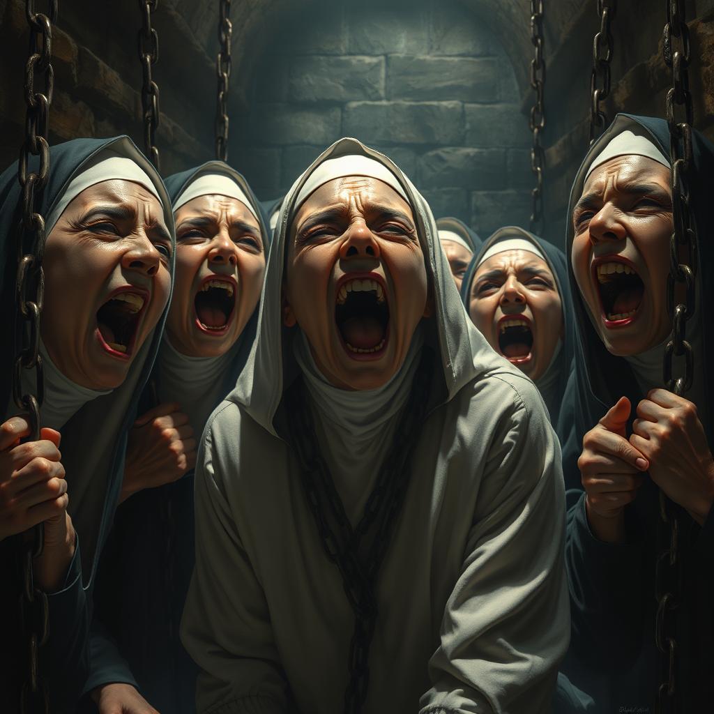 A hyper-realistic depiction of nuns chained in a dungeon, their faces contorted into expressions of terror and despair as they scream