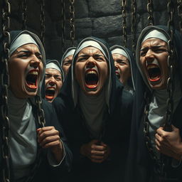 A hyper-realistic depiction of nuns chained in a dungeon, their faces contorted into expressions of terror and despair as they scream