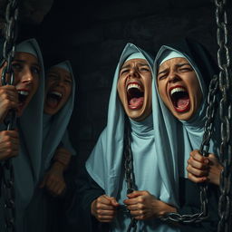 A hyper-realistic depiction of nuns chained in a dungeon, their faces contorted into expressions of terror and despair as they scream