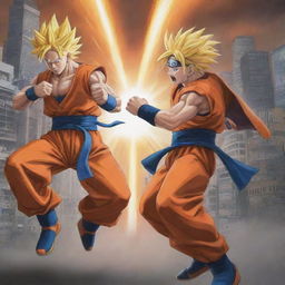 Illustrate an epic duel between Goku from Dragon Ball Z and Naruto from Naruto Shippuden. Both of them should be drawing power for their most powerful attacks in a futuristic cityscape setting.