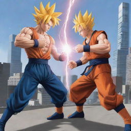 Illustrate an epic duel between Goku from Dragon Ball Z and Naruto from Naruto Shippuden. Both of them should be drawing power for their most powerful attacks in a futuristic cityscape setting.