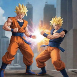 Illustrate an epic duel between Goku from Dragon Ball Z and Naruto from Naruto Shippuden. Both of them should be drawing power for their most powerful attacks in a futuristic cityscape setting.