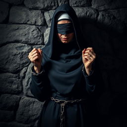 A dark nun with both hands chained to a stone wall, her eyes obscured by a blindfold