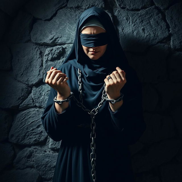 A dark nun with both hands chained to a stone wall, her eyes obscured by a blindfold