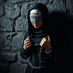 A dark nun with both hands chained to a stone wall, her eyes obscured by a blindfold