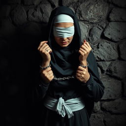 A dark nun with both hands chained to a stone wall, her eyes obscured by a blindfold