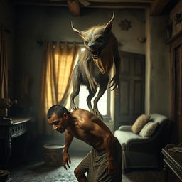 A terrifying, strange-looking animal with grotesque features stands on the back of a brown-skinned, thin-bodied man who appears to be fainting