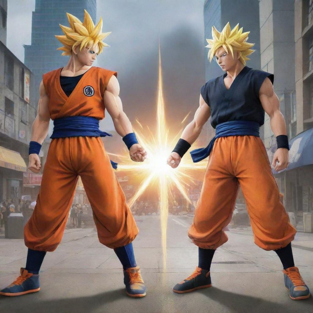 Illustrate an epic duel between Goku from Dragon Ball Z and Naruto from Naruto Shippuden. Both of them should be drawing power for their most powerful attacks in a futuristic cityscape setting.