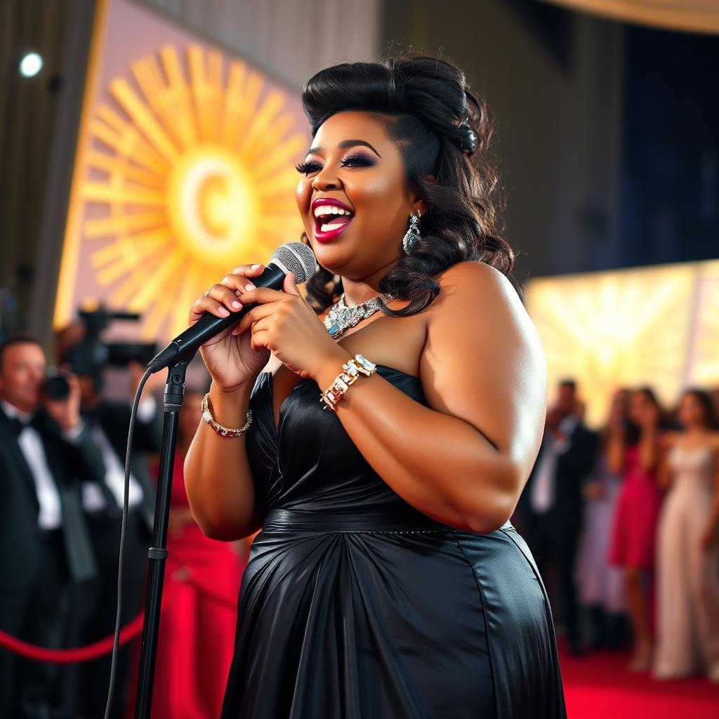 A woman with a very fat body, brown skin, and short stature confidently sings into a microphone on the red carpet