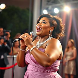 A woman with a very fat body, brown skin, and short stature confidently sings into a microphone on the red carpet