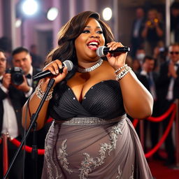 A woman with a very fat body, brown skin, and short stature confidently sings into a microphone on the red carpet