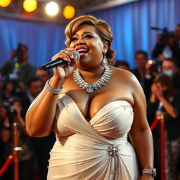 A woman with a very fat body, brown skin, and short stature confidently sings into a microphone on the red carpet