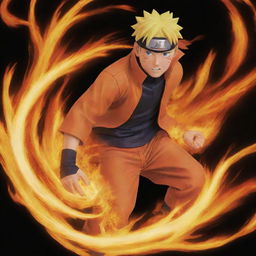 Generate a vibrant, detailed image of Naruto Uzumaki from the anime Naruto Shippuden, capturing his fiery spirit and resolute determination. He should be in an iconic pose, ready for battle.