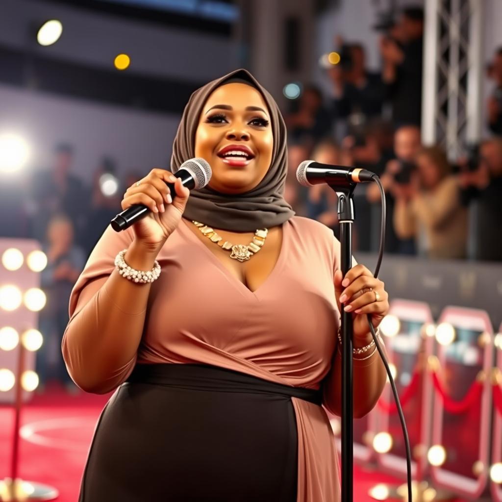 A woman with a very fat body, wearing a Hijab, and having brown skin and short stature confidently sings into a microphone on the red carpet