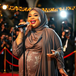 A woman with a very fat body, wearing a Hijab, and having brown skin and short stature confidently sings into a microphone on the red carpet