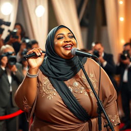 A woman with a very fat body, wearing a Hijab, and having brown skin and short stature confidently sings into a microphone on the red carpet