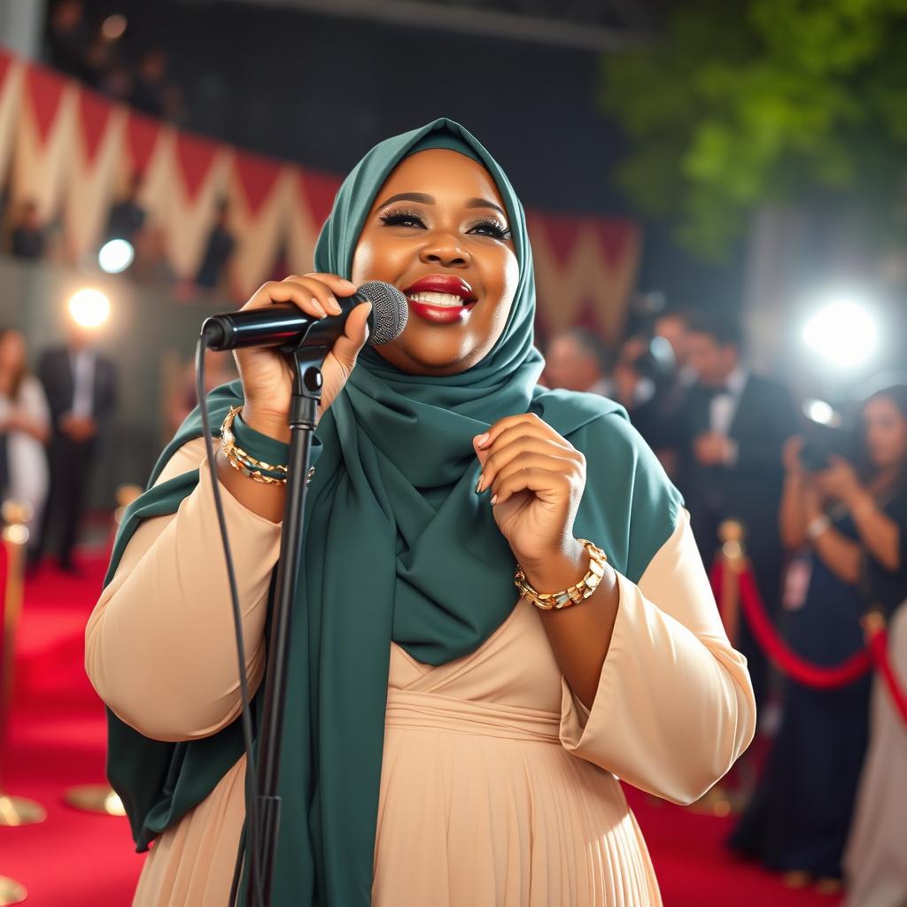 A woman with a very fat body, wearing a Hijab, and having brown skin and short stature confidently sings into a microphone on the red carpet