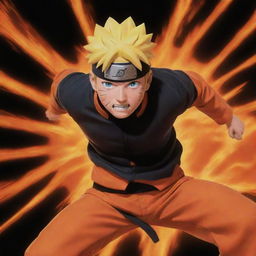 Generate a vibrant, detailed image of Naruto Uzumaki from the anime Naruto Shippuden, capturing his fiery spirit and resolute determination. He should be in an iconic pose, ready for battle.