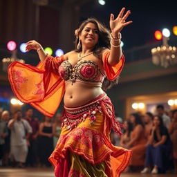 A woman with a very fat body, brown skin, and short stature is seen wearing an elaborate and colorful belly dancing suit, performing a lively folk dance on stage