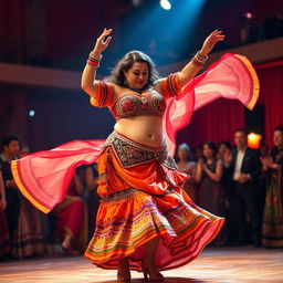 A woman with a very fat body, brown skin, and short stature is seen wearing an elaborate and colorful belly dancing suit, performing a lively folk dance on stage