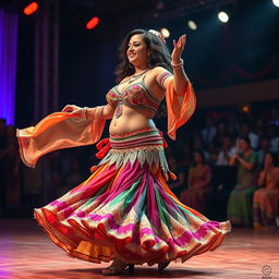 A woman with a very fat body, brown skin, and short stature is seen wearing an elaborate and colorful belly dancing suit, performing a lively folk dance on stage