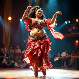 A woman with a very fat body, brown skin, and short stature is seen wearing an elaborate and colorful belly dancing suit, performing a lively folk dance on stage