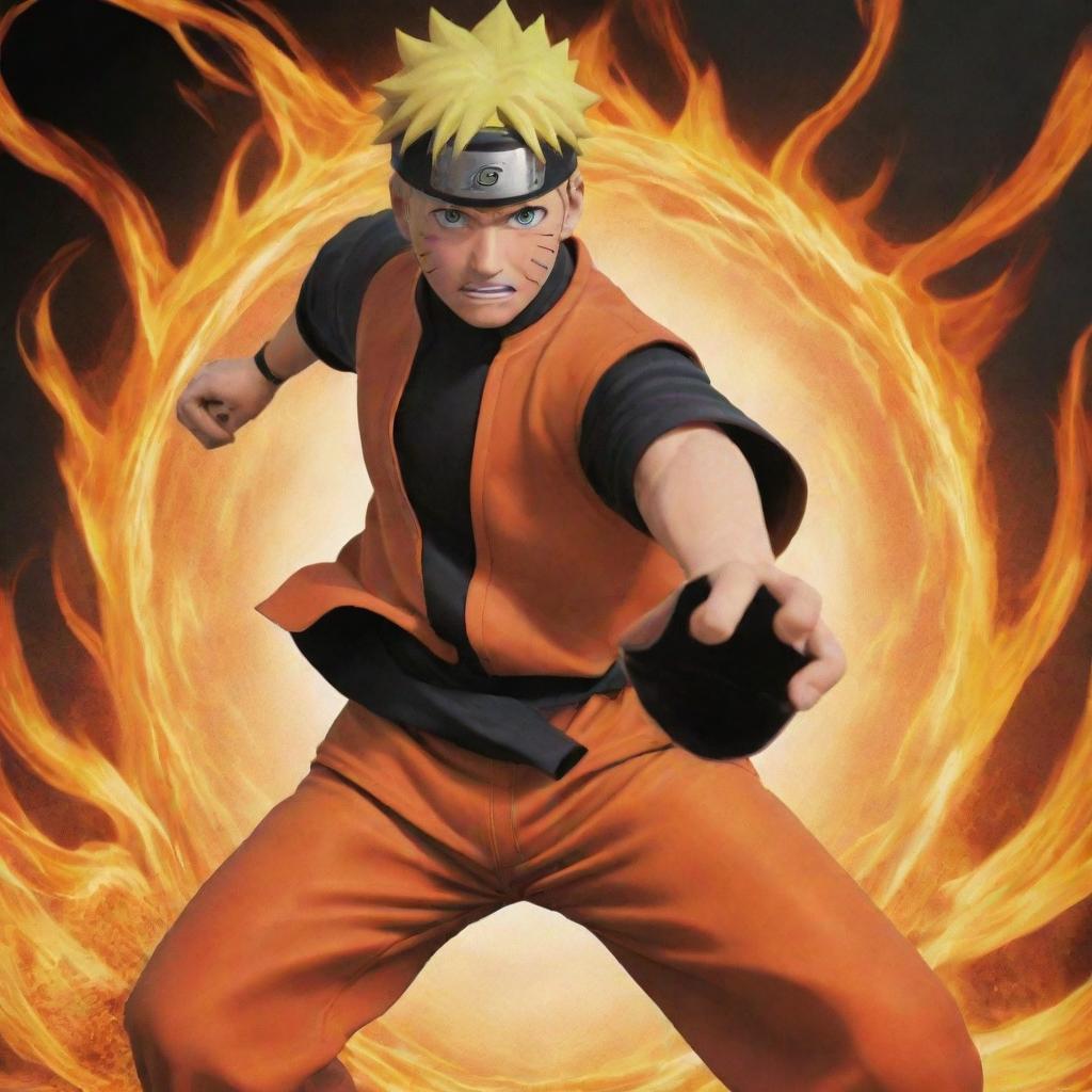 Generate a vibrant, detailed image of Naruto Uzumaki from the anime Naruto Shippuden, capturing his fiery spirit and resolute determination. He should be in an iconic pose, ready for battle.