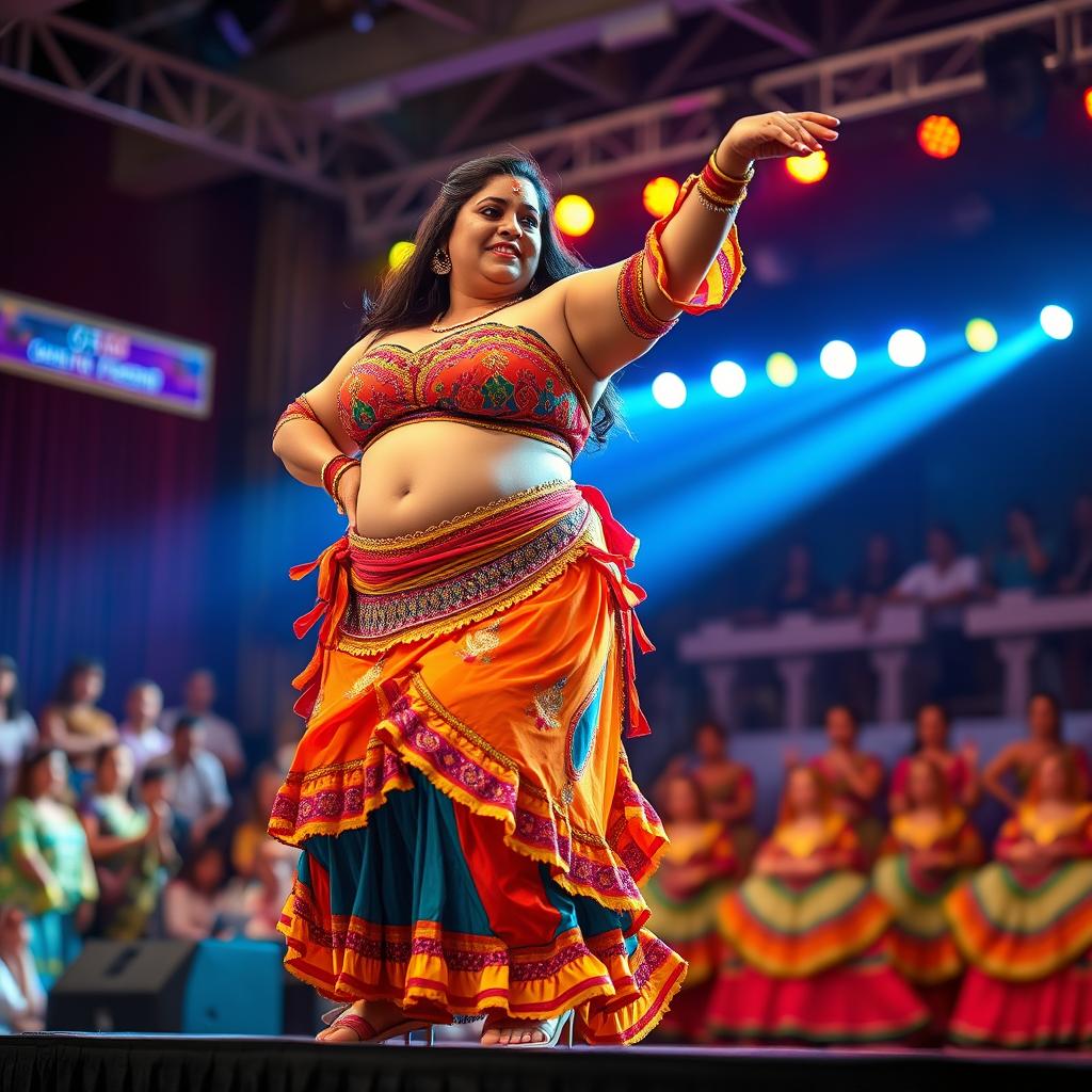 A woman weighing 150 kilograms, with a very fat body, brown skin, and short stature, is wearing a vibrant and colorful belly dancing suit, performing a traditional folk dance on stage