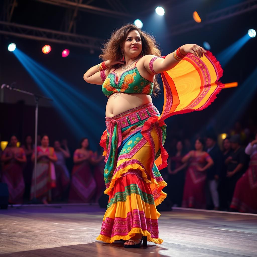 A woman weighing 150 kilograms, with a very fat body, brown skin, and short stature, is wearing a vibrant and colorful belly dancing suit, performing a traditional folk dance on stage