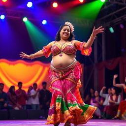 A woman weighing 150 kilograms, with a very fat body, brown skin, and short stature, is wearing a vibrant and colorful belly dancing suit, performing a traditional folk dance on stage