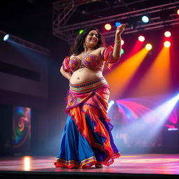 A woman weighing 150 kilograms, with a very fat body, brown skin, and short stature, is wearing a vibrant and colorful belly dancing suit, performing a traditional folk dance on stage