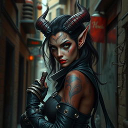 A captivating tiefling female rogue, exuding an air of mysterious allure and cunning agility