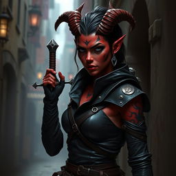 A captivating tiefling female rogue, exuding an air of mysterious allure and cunning agility