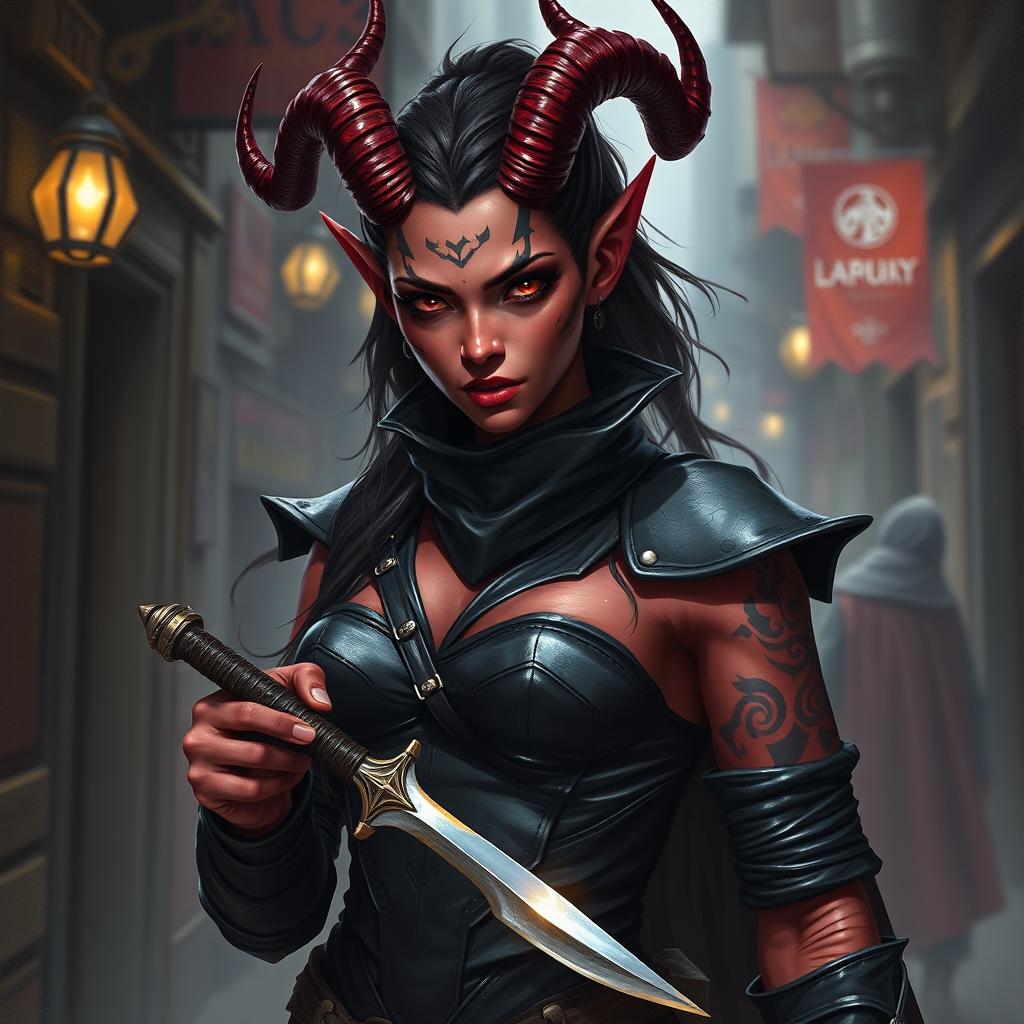 A captivating tiefling female rogue, exuding an air of mysterious allure and cunning agility