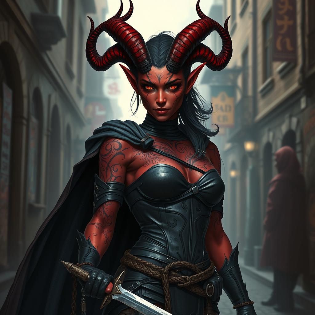 A full-body depiction of a tiefling female rogue, emanating an enigmatic and stealthy presence