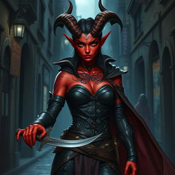 A full-body depiction of a tiefling female rogue, emanating an enigmatic and stealthy presence