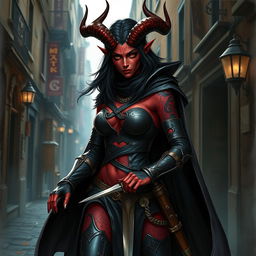 A full-body depiction of a tiefling female rogue, emanating an enigmatic and stealthy presence