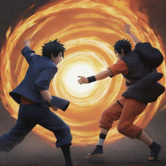 Depict an intense battle scene between Naruto Uzumaki and Sasuke Uchiha from the anime Naruto Shippuden, with the fate of the planet hanging in balance. The background should reflect the high stakes of their encounter.