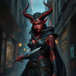 A full-body depiction of a tiefling female rogue, emanating an enigmatic and stealthy presence