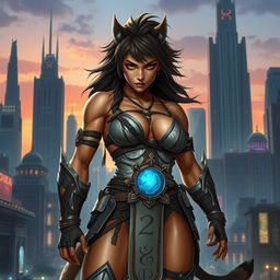 A powerful female warrior with werelion attributes poised in an urban fantasy city