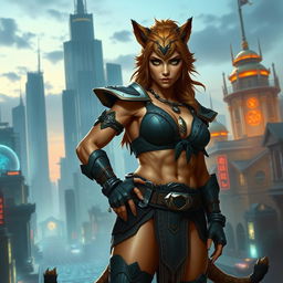 A powerful female warrior with werelion attributes poised in an urban fantasy city