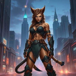 A powerful female warrior with werelion attributes poised in an urban fantasy city
