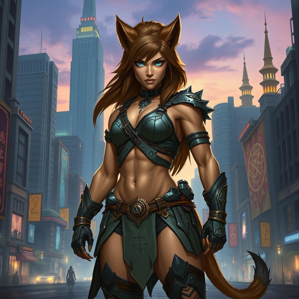 A powerful female warrior with werelion attributes poised in an urban fantasy city