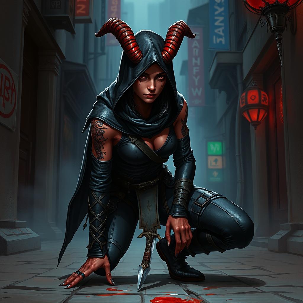 A tiefling female rogue depicted in a full-body pose, kneeling with a sense of readiness and stealth