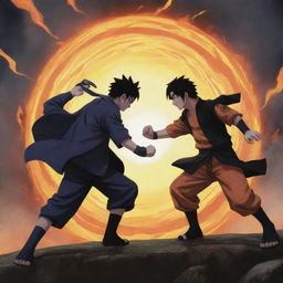 Depict an intense battle scene between Naruto Uzumaki and Sasuke Uchiha from the anime Naruto Shippuden, with the fate of the planet hanging in balance. The background should reflect the high stakes of their encounter.