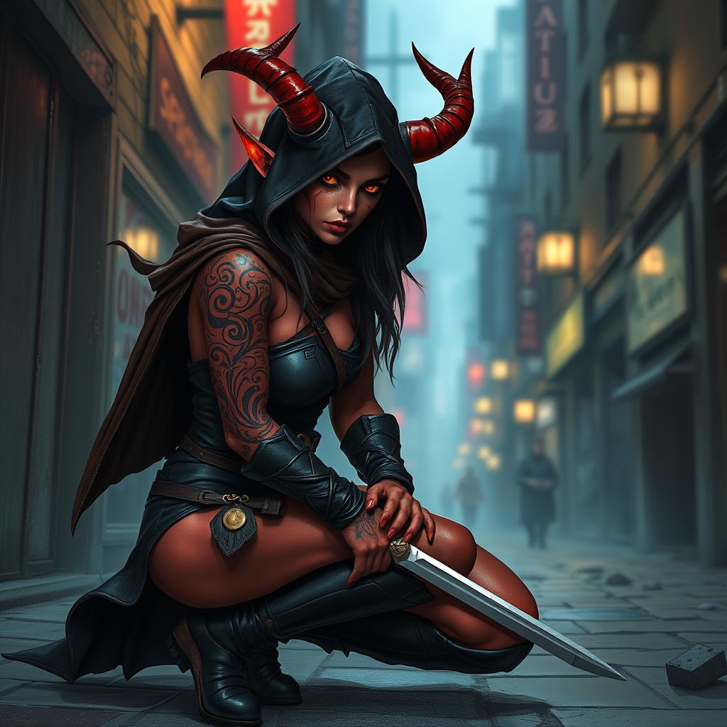 A tiefling female rogue depicted in a full-body pose, kneeling with a sense of readiness and stealth